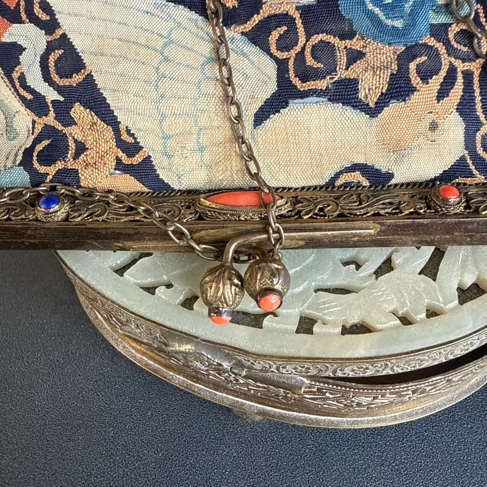 Antique Rare Chinese Woven Kesi Evening Hand Bag Gilt Coral Lapis - Picture 5 of 9